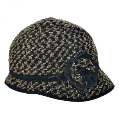 Betmar New York Willow Knit Cloche Hat Boucle Bucket Flower Black Brown One Size