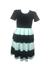 Lularoe Med Amelia Aqua Black Stripes Pleats Dress Pockets Knit Retro Look MCM