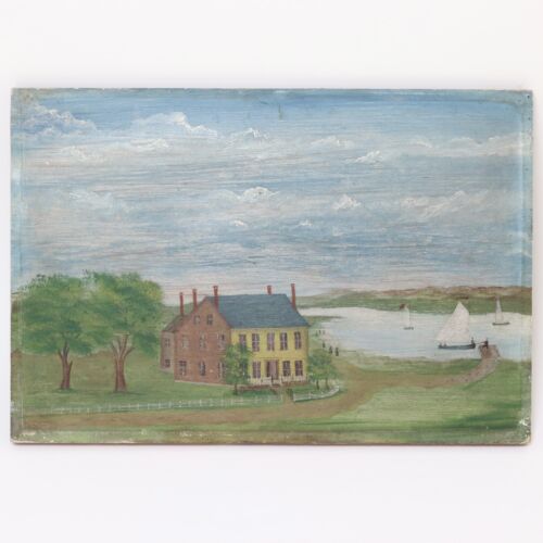 Peinture d'une maison au bord d'une rivière d'art populaire antique naïf école américaine, vers 1860. - Photo 1 sur 10
