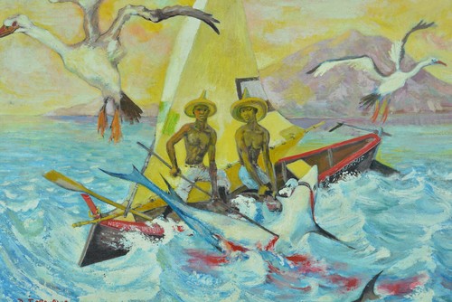 Beau Tableau ancien Martinique Pêche au requin animée portrait marine ALLONSIUS - Photo 9/12