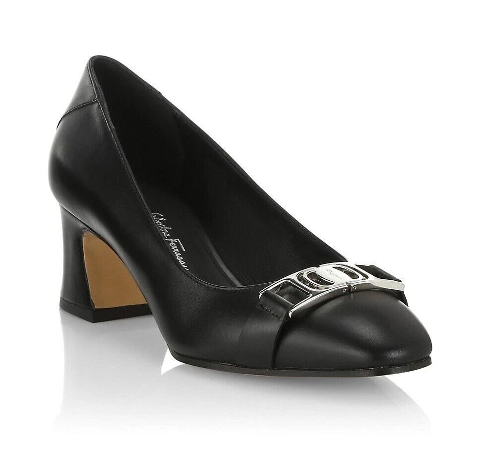 Ferragamo — Salvatore Ferragamo Women's Rei 55 Black Leather Vara Buckle Pumps Size 10 9 8