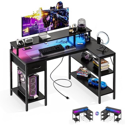 47inch Black Gaming Desk with Monitor Stand LED Lights USB Charging Storage