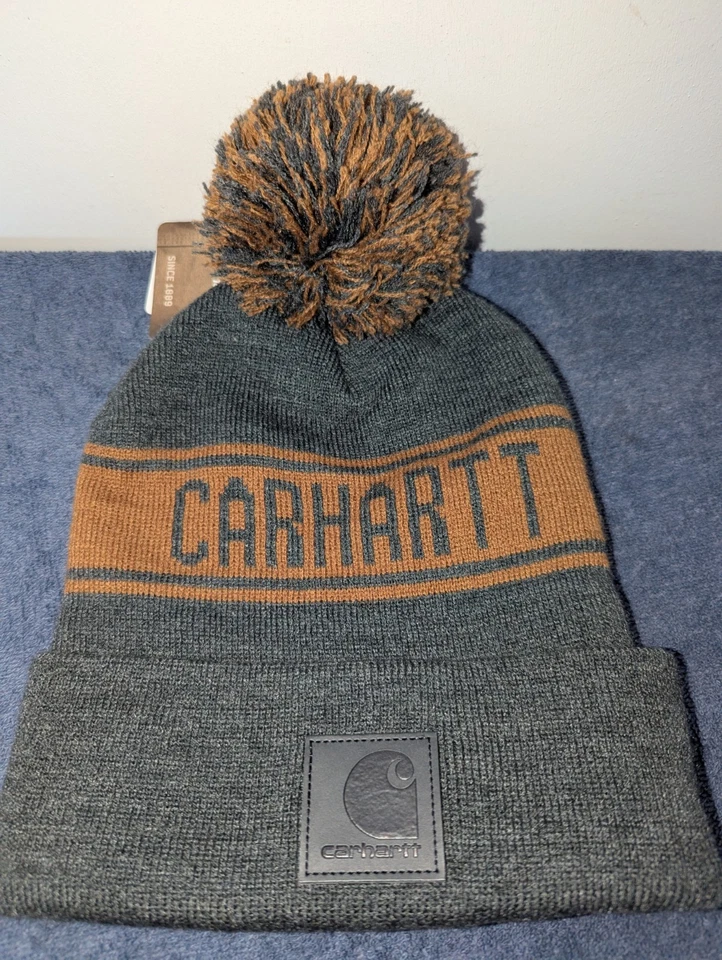 Gorro Carhartt Tejido Pom-Pom para Hombres Talla Única Marrón Gris Logo Puños Nuevo Foto 2 de 4