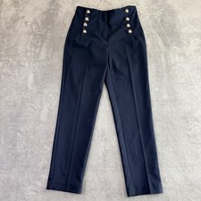 MNG Mango Blue Sailor Button High Waist Straight Leg Pants Women 6 Nautical NWT