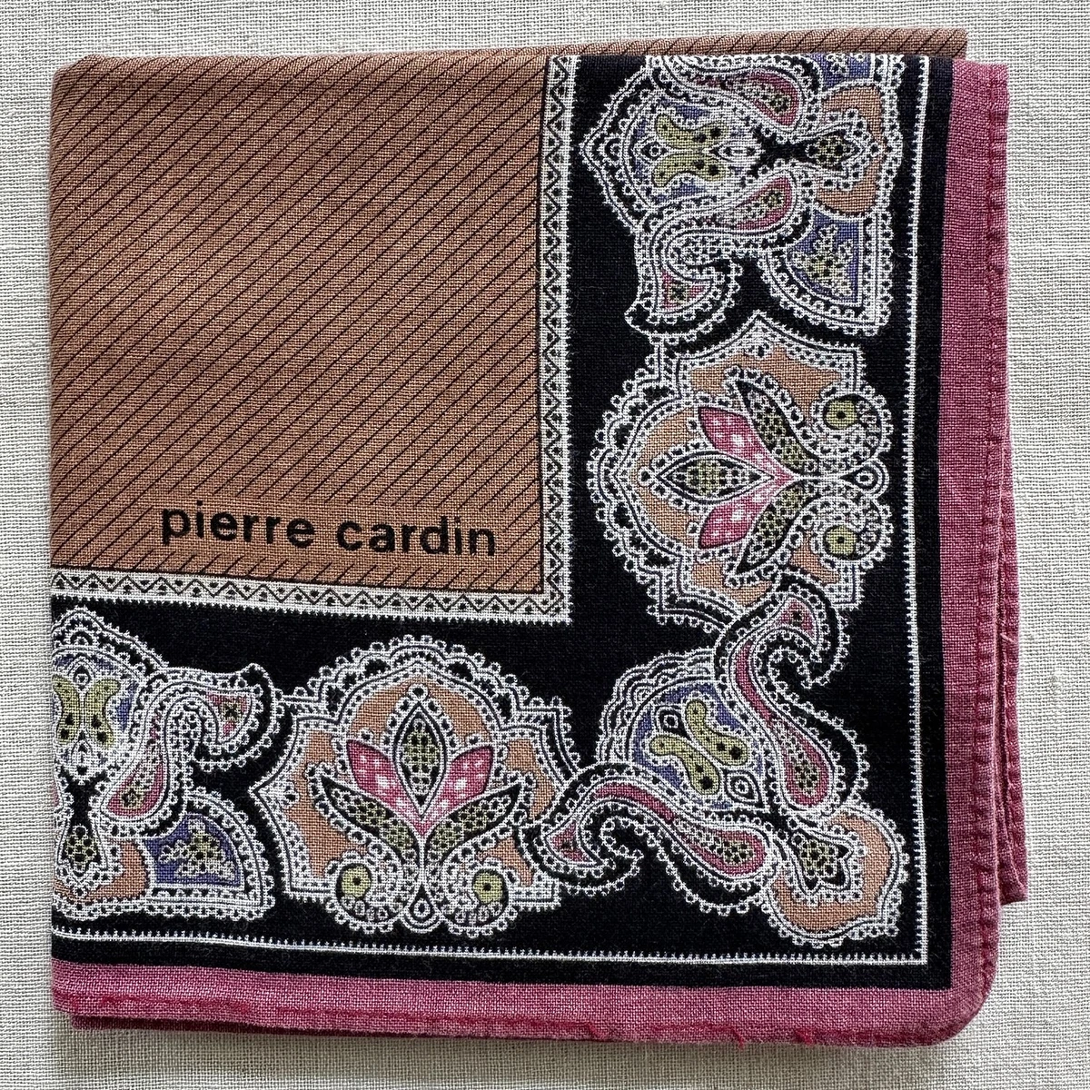 VTG Handkerchief Cotton Brown Diagonal~Border Paisley Damask Pocket Square 18"~B