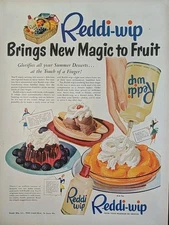 1950 vintage Reddi-wip Canned Whipped cream Print Ad.  Peaches And Cream