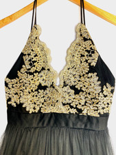 Windsor Cross Back Gold Lace Plunge Tulle Maxi Gown Goth Slip Dress Womens S