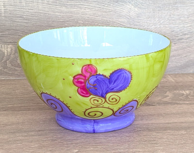 Soizick de la Bruguiere Limoges Purple Green Hearts Serving Bowl 7'' Diameter