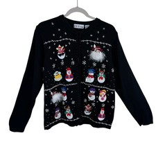 BP Design Vintage Black Full Zip Snowman Snowflake Christmas Sweater Cardigan L