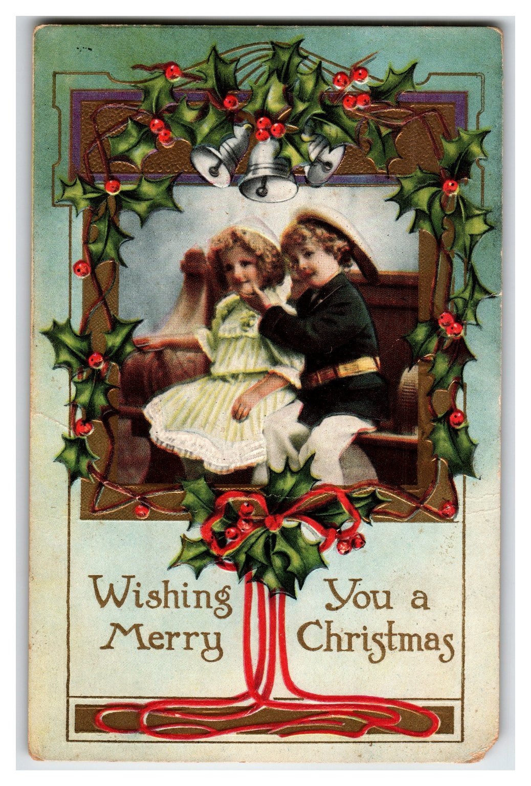Vintage Embossed Christmas Postcard Children Holly Berries Bells