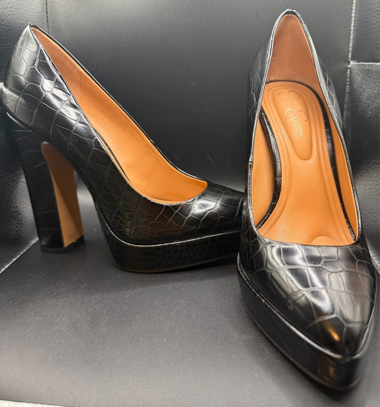 Jessica Simpson Black Crocodile Embossed Platform Pumps Block Heel Dress Shoes