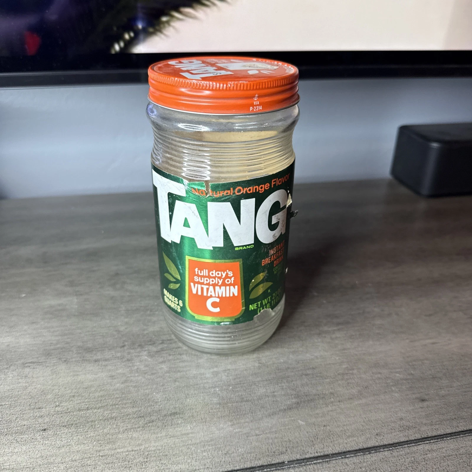 Vintage 1970’s 27 Oz Ounce Empty Glass Tang Drink Mix Jar With Label, Metal Lid