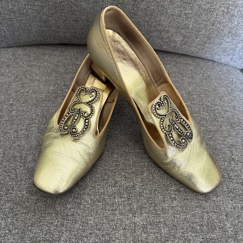 Vtg! Women Shoes Sz 7.5 Gold Peasant Queen Square Toe Antique Old Fashion NICE! - Picture 3 of 11