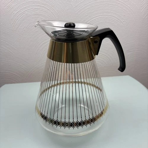 Rare Pyrex Vintage Glass Gold Stripe Coffee Pot 10 Cup Carafe With Lid