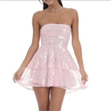 Lucy in the Sky Pink Sequin Mesh Strapless Layered Ruffle Mini Dress XS