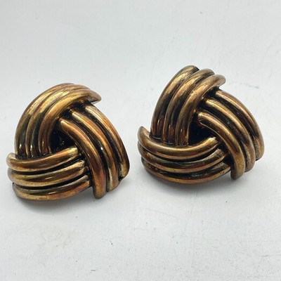 Vintage Bronze Tone Knot Stud Earrings Textured Ribbed Design Retro Pierced