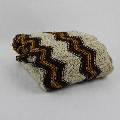 Vintage Handmade Beige Braune und Gelb Chevron Knit Überwurf Decke 142cm x 152cm