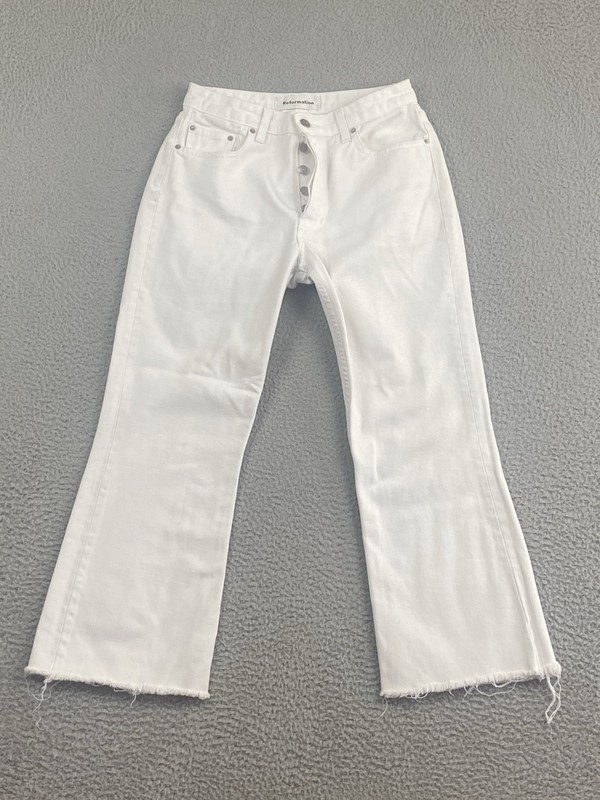 Reformation Jeans Mid-Rise Crop Flare Raw Hem Size 29 White Button-Fly Coastal