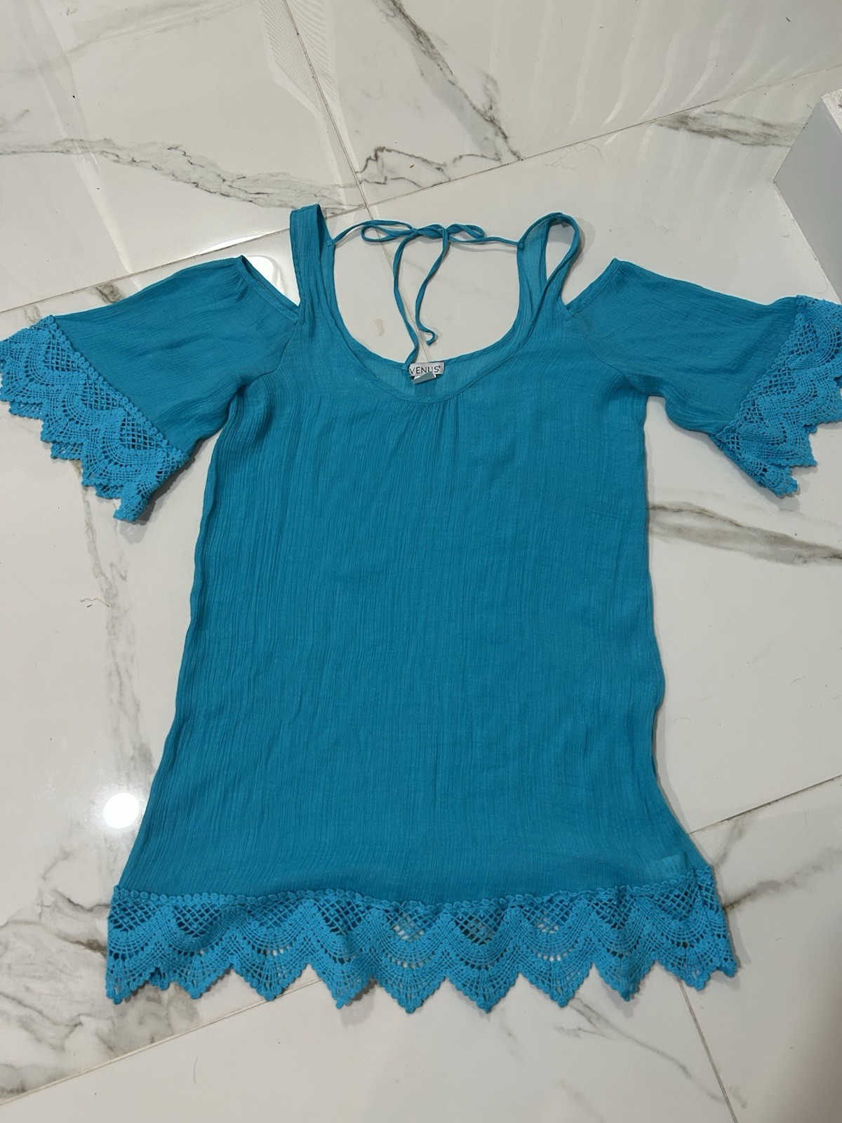 VENUS Women Blue Solid Cold Shoulder Lace Scoop Neck Blouse Short Sleeve XL