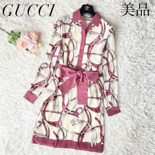 GUCCI Hard to obtain shirt dress 100 silk ribbon belt all over pattern F/S from