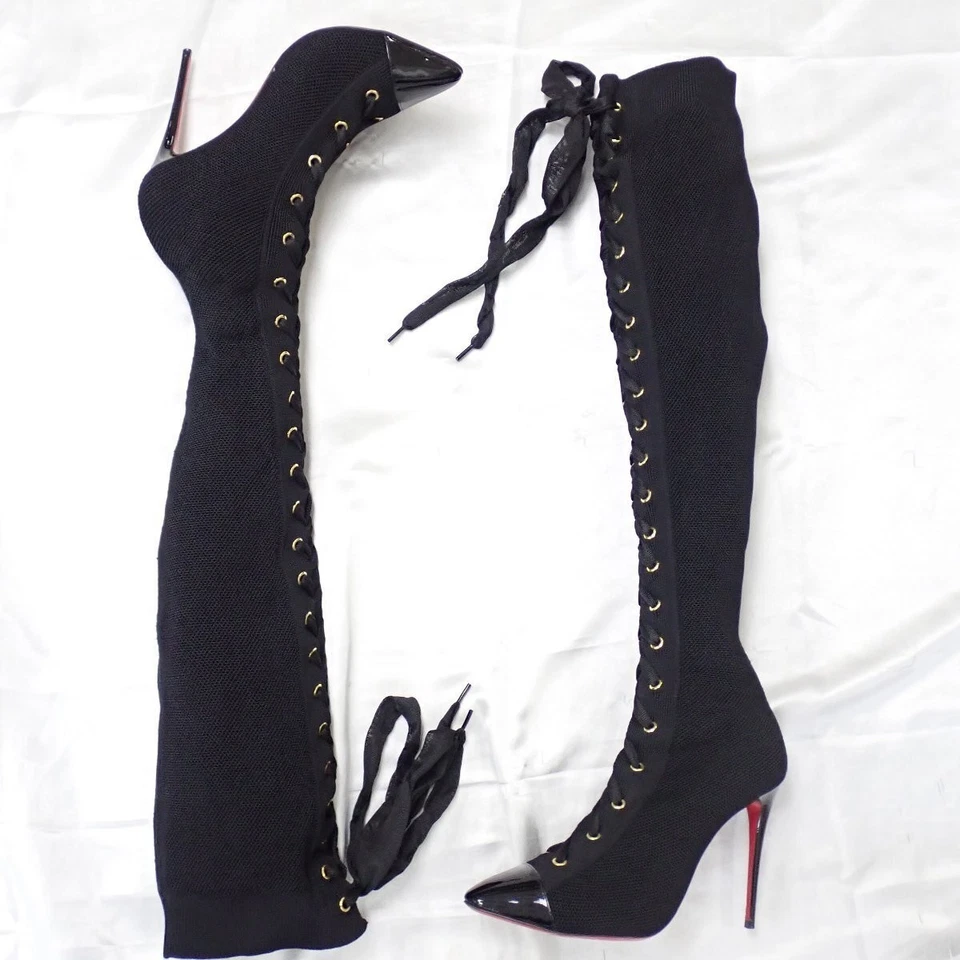 Christian Louboutin Botas Tejidas Sobre la Rodilla Con Cordones Tacón Alto Negras EU:38 Foto 2 de 4