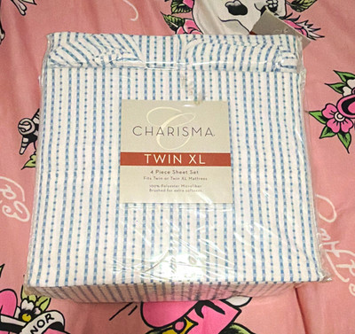 Charisma Twin XL 4-Piece Sheet Set Polyester Microfiber Blue/White Stripe