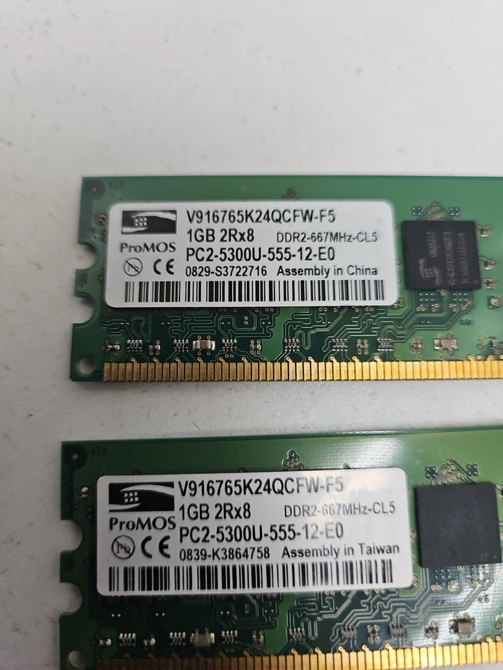 (2)ProMOS 1GB 2Rx8 Memory Card V916765K24QCFW-G6  PC2-6400U-666-12-EO 800MHz - Image 2 of 4