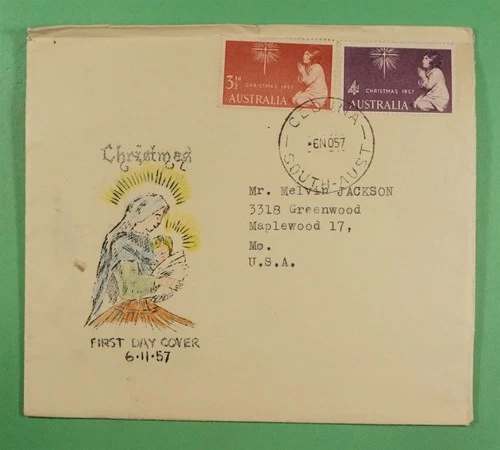 DR WHO 1957 AUSTRALIA FDC CHRISTMAS HAND COLORED CACHET COMBO +CARD R43072