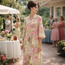 Vintage 60s Floral Maxi House Dress Pink Yellow Zip Front Lounge Robe Mod