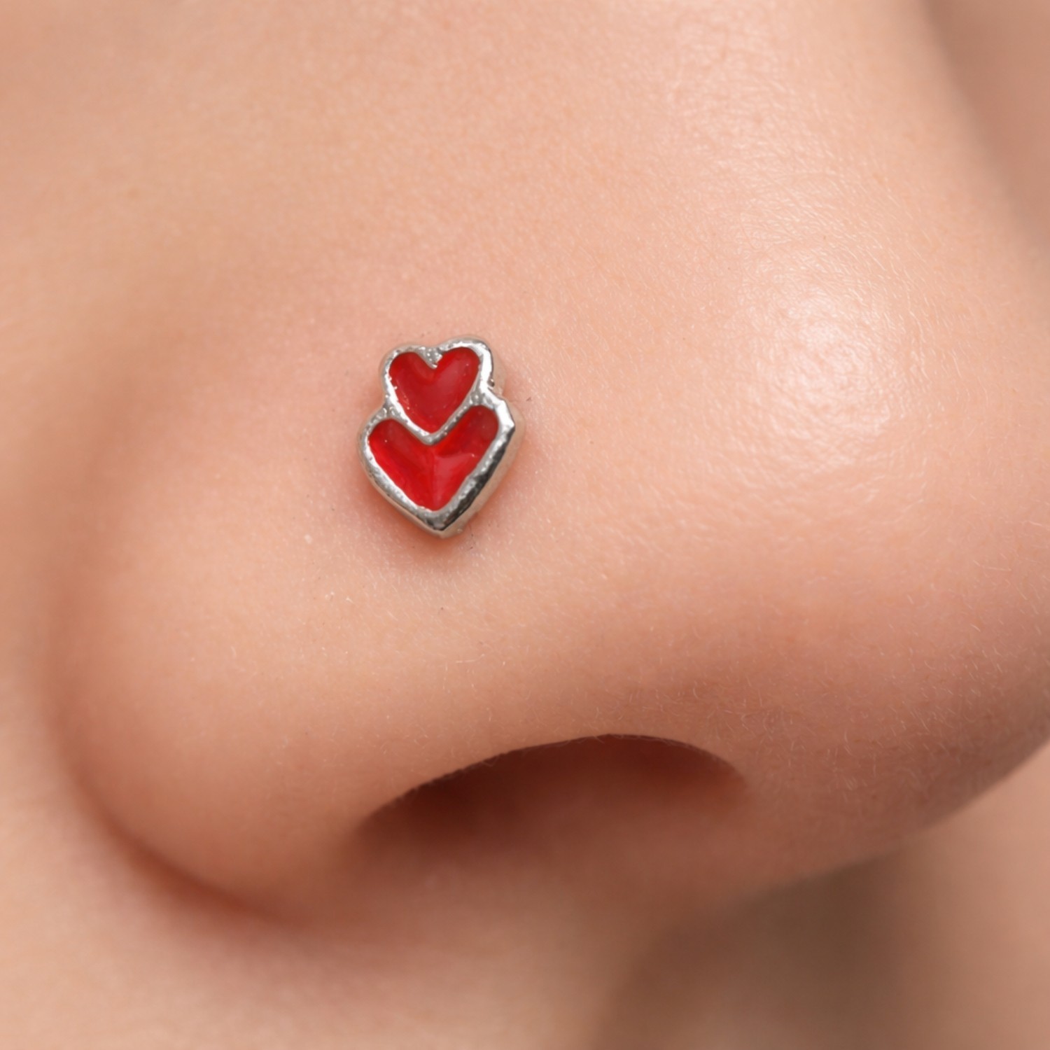 Twin Heart Nose Stud 925 Silver Red Enamel 22G Ball End Piercing Jewellery