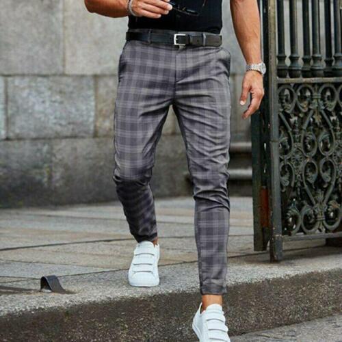 Carne de cordero velocidad Secretario Pantalones A Cuadros Elegantes De Pitillo Para Hombre Moda Largo De Mediano  Cinturón | eBay