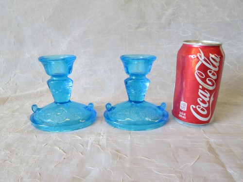 Pair 2 McKee Glass Blue Candleholder Candle Stick Holders 4" tall SNOWFLAKE - Picture 2 of 7
