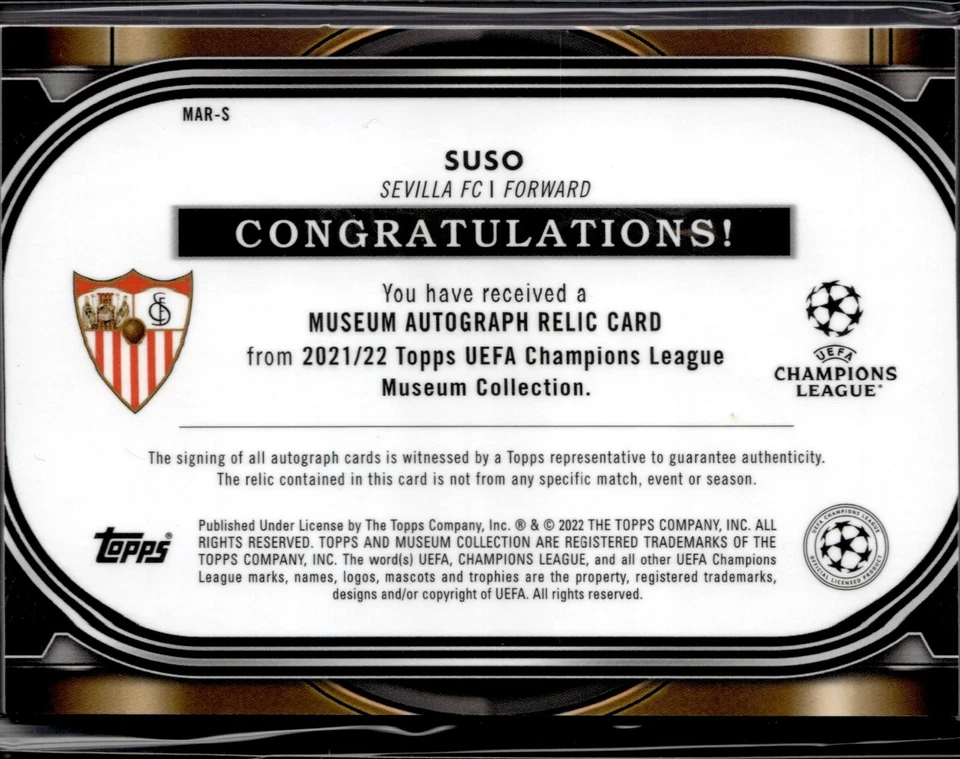 2021-22 Topps Museum Collection UCL Relics Gold 47/50 Suso #MAR-S Auto - Image 2 of 2