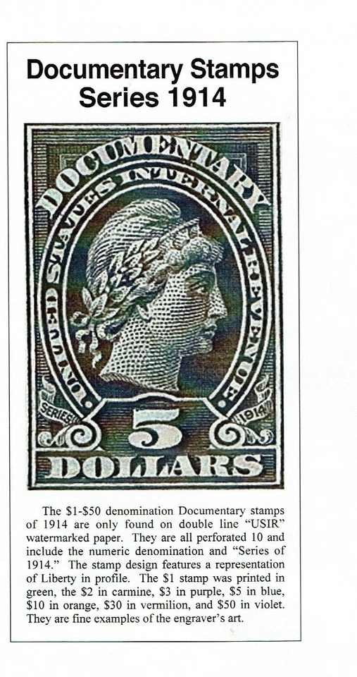 1914 U.S. DOCUMENTARY LIBERTY Inscribed 1914 P/Set of 5 Sc#R217- Used SCARCE! - Image 2 of 2