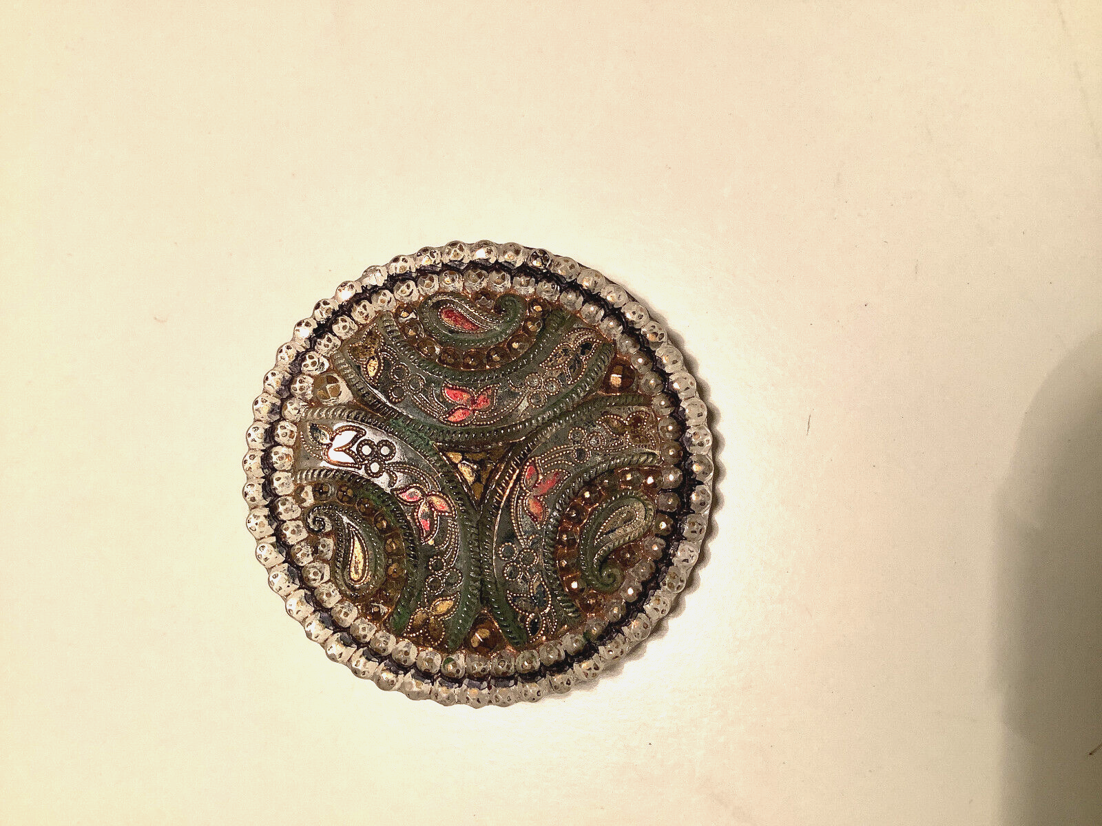 Rare 1800s Antique red/gold/black paisley & leaf  round 1  1/4 inch glass button