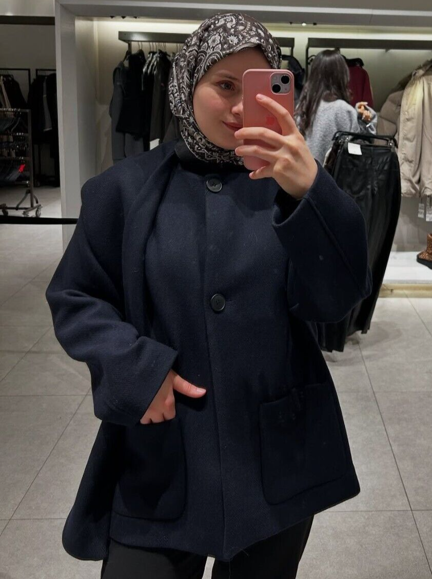 Zara Wool Coat Jacket With Scarf Navy Blue XS S M Extra