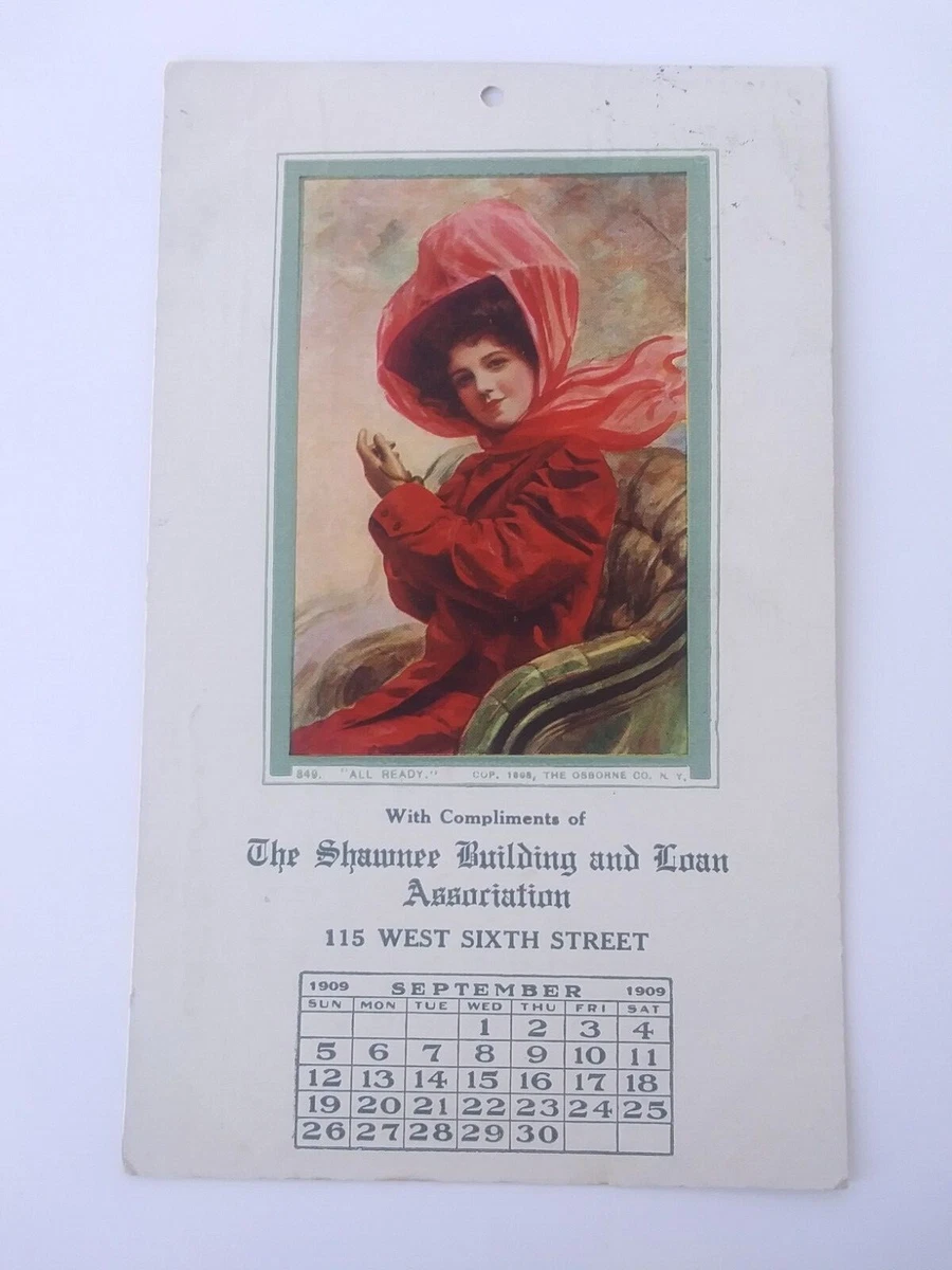RARE 1909 CALENDAR POSTCARD AD SHAWNEE LOAN / BANK TOPEKA KANSAS KS PRETTY  WOMAN | eBay