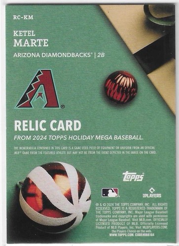 2024 Topps Holiday Ketel Marte Relic Card #RC-KM - Picture 2 of 2