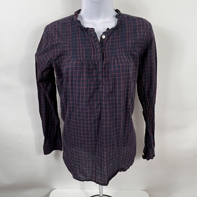 J. Crew Mercantile Shirt Women's 0 Long Sleeve Ruffle Henley Neck Check Casual