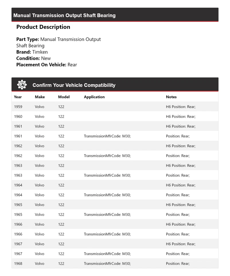 For 1959-1968 Volvo 122 Manual Transmission Output Shaft Bearing Rear Timken - Image 2 of 4
