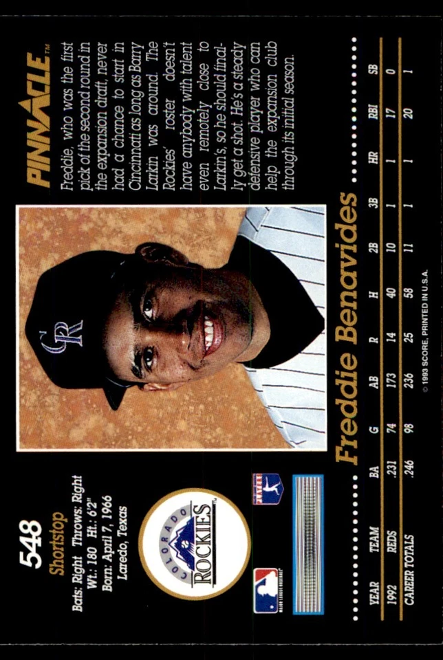 1993 Pinnacle Freddie Benavides Colorado Rockies #548 - Image 2 of 2