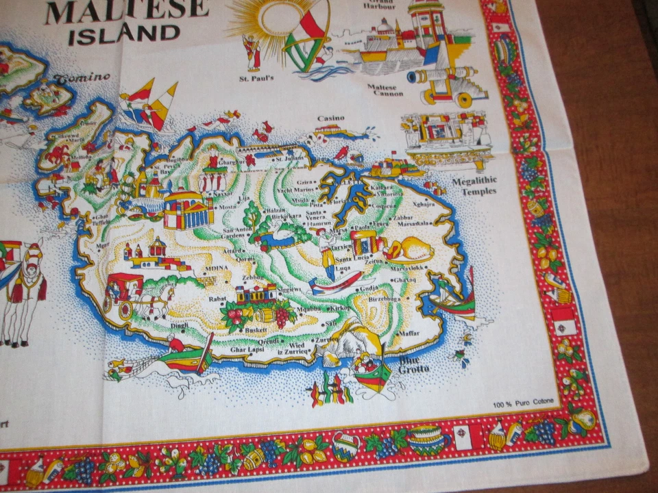 Maltese Island Tea Towel Cotton 22" x 34" Colorful Adjacent Towns Kitch Souvenir - Image 3 of 4