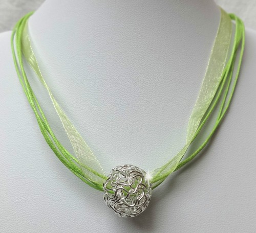 SILBER PERLE HALSKETTE KETTE ORGANZA KUGEL DRAHTKUGEL SCHMUCK DAMEN OLIV GRÜN - Bild 9 von 17