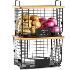 2 Set XL Stackable Wire Basket with Bamboo Tops Tags- Pantry XL, Black