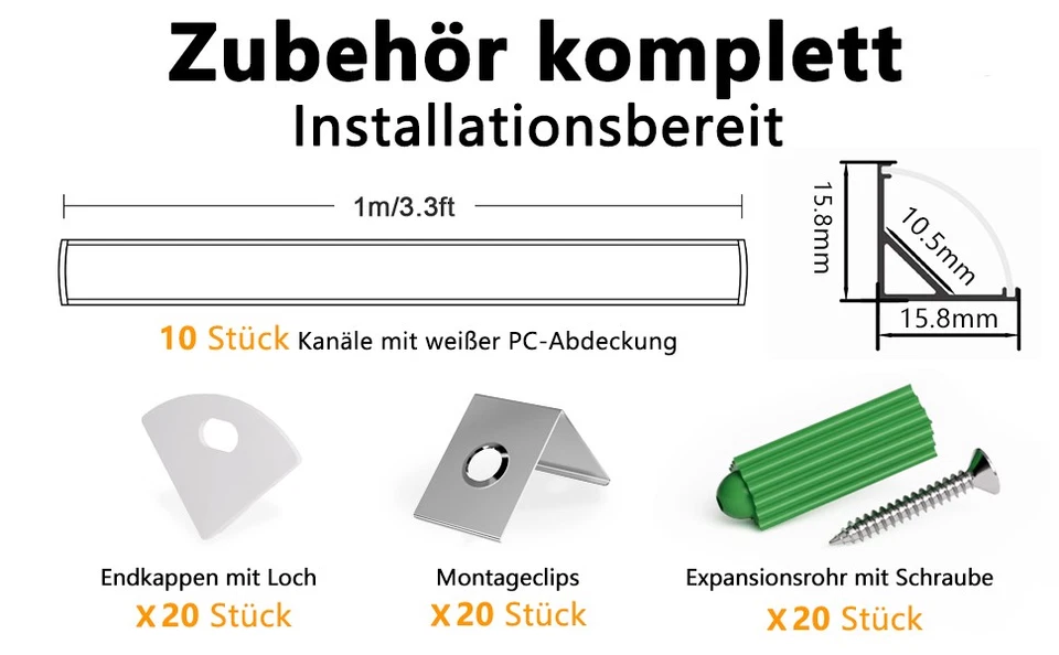 10m LED Profil Aluprofil Alu Schiene Leiste Profile für LED-Streifen Eloxiert - Bild 2 von 4