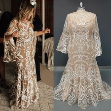 Long Flare Split Sleeves Boho Beach Lace Wedding Dress Backless Bridal Gowns
