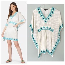 AMERICA  BEYOND Sea Blue Embroidered Cover Up Kaftan Blue White Size Small