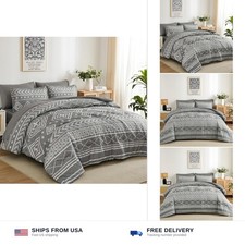 Yiran Boho Aztec Comforter Set Queen Size, Grey Comforter Bedding Set, 7 Piec...