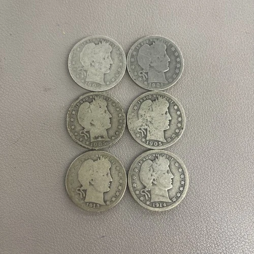 6 Barber Quarter 90% Silver US Coin Lot 1901 1905 1913 1914