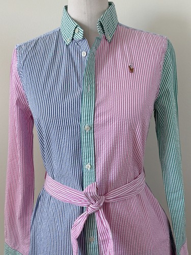 Polo Ralph Lauren Girls Size 16 Seersucker Shirt DRESS Pink Blue Green Stripes - Picture 3 of 6